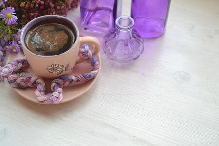 Morning coffee. Sunday relax and still life concept, violet and white,  free place for textの写真素材