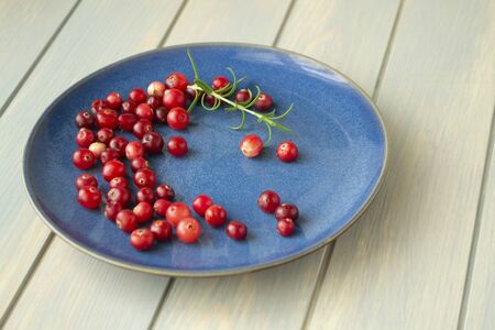 Red juicy cranberry on blue plate on wooden table in turquoise color