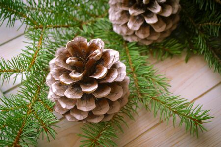 Pine branch and cones on light blue wooden table