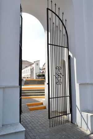 metal entrance doors to church, steps and detail of wrought iron railing with beautiful ornaments,...