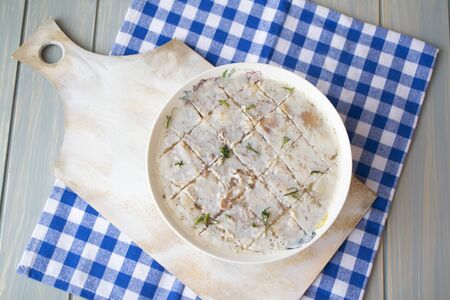 delicious cold wild game meat jelly on rustic table, flat lay image