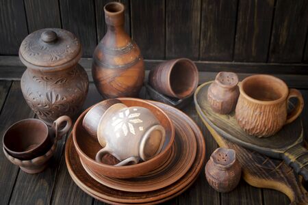 Clay dishes. A set of pots made of clay . Belarus traditional design pattern.