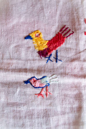 birds hand made embroidered smooth decoration on white fabric, vintage folk embroidery in Belarus,...