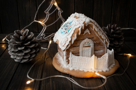Beautiful gingerbread house with lights on brown wooden backgroundの写真素材