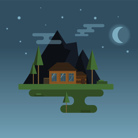 House in the mountains. moonlight night. house in nature.のイラスト素材