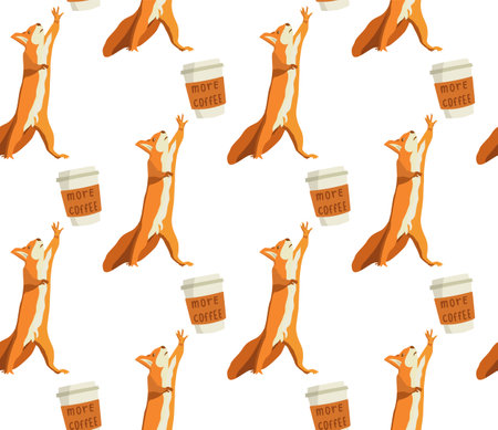 A squirrel reaches for a glass of coffee. Seamless pattern. Image of a squirrel vectorのイラスト素材