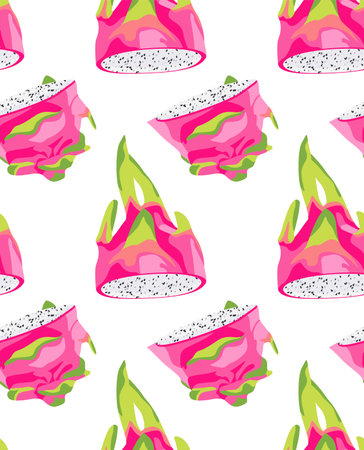 Dragon fruit cut into two parts. Seamless pattern in vectorのイラスト素材