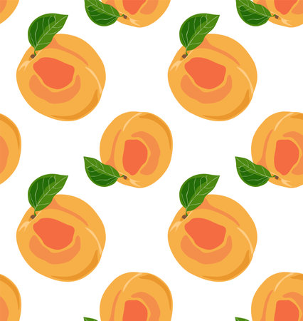 Whole apricots of various sizes with leaves. Summer juicy fruits. Seamless pattern in vector. Suitable for backgrounds and prints.のイラスト素材