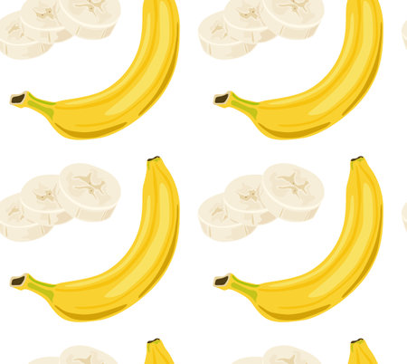 A whole yellow banana and its slices stacked together. Seamless pattern in vector. Suitable for prints and backgrounds.のイラスト素材