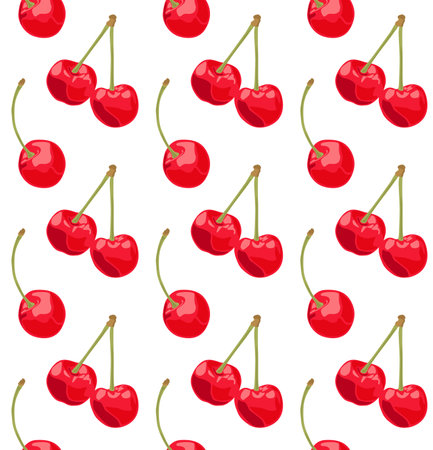 Red cherry with twigs. Seamless pattern in vector. Suitable for prints and backgrounds. Sweet food.