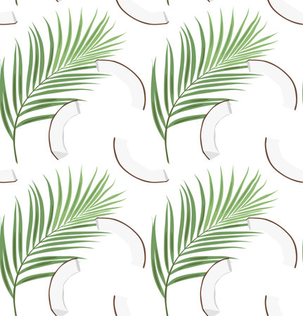 Sliced pieces of coconut on a background of palm leaves. Seamless pattern in vector. Summer pattern with tropical fruits.のイラスト素材