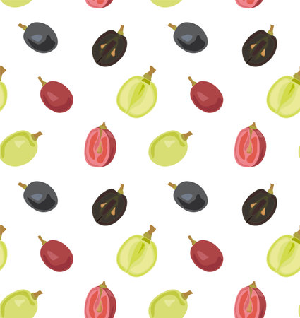 Berries of red, green and black grapes whole and cut in half. Seamless pattern in vector. Suitable for backgrounds and prints.のイラスト素材