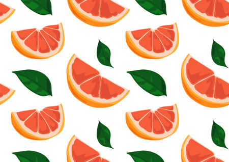 Grapefruit slices with pulp and green grapefruit leaves. Bright and modern pattern. Seamless pattern in vector. Suitable for prints and backgrounds.のイラスト素材