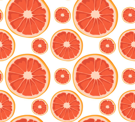 Round slices of grapefruit of different sizes. Bright and modern pattern. Seamless pattern in vector. Suitable for prints and backgrounds.のイラスト素材