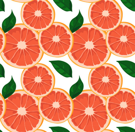Round slices of grapefruit with green leaves. Bright and modern pattern. Seamless pattern in vector. Suitable for prints and backgrounds.のイラスト素材
