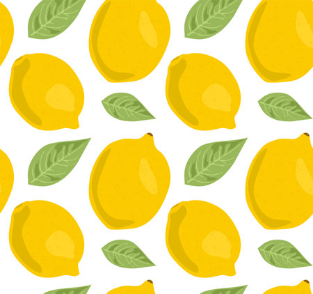 Whole lemons with leaves. Seamless pattern in vector. Summer pattern. Suitable for prints and backgrounds.のイラスト素材