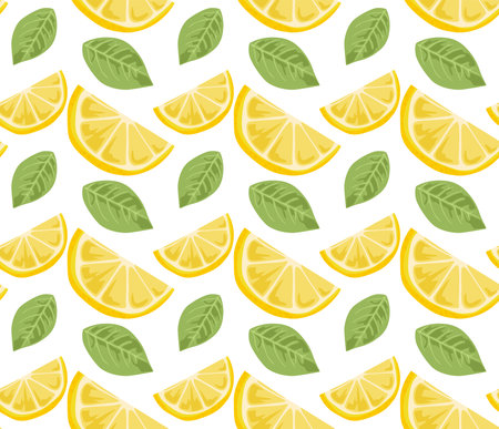 Lemon slices with lemon leaves. Seamless pattern in vector. Bright pattern. Suitable for prints and backgrounds.のイラスト素材