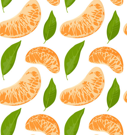 Tangerine slices with leaves. Seamless pattern in vector. Cute food pattern. Suitable for backgrounds and prints.のイラスト素材