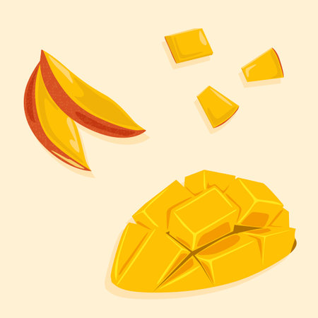 Half mango cut into cubes and mango slices. Juicy tropical fruits. Fruit vector icons.のイラスト素材