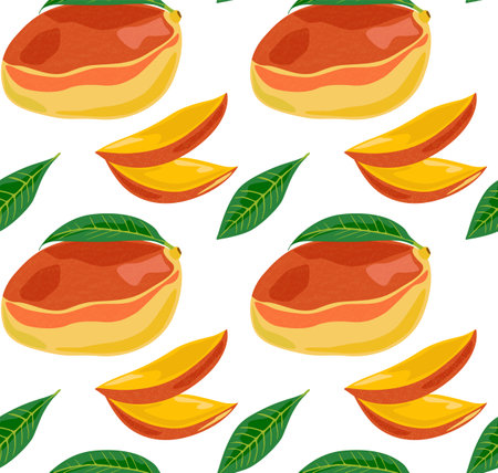 Mango whole and cut into slices. Seamless pattern in vector. Suitable for backgrounds and prints.のイラスト素材
