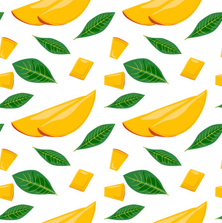 Sliced mango slices and mango cubes with leaves. Seamless pattern in vector. Suitable for backgrounds and prints.のイラスト素材