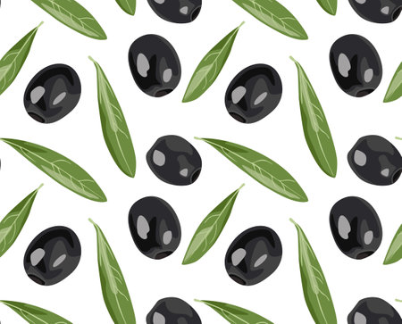 Pattern of black olives with leaves. Seamless pattern in vector.のイラスト素材