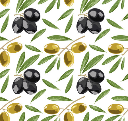 Pattern of black and yellow olives on a branch with leaves. Seamless pattern in vector.のイラスト素材
