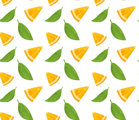 Slices of triangular oranges with leaves. Seamless pattern in vector. Suitable for prints and backgrounds.のイラスト素材