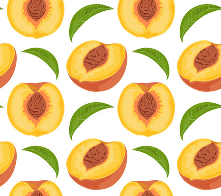 Half a peach with pit. Seamless pattern in vector. Summer fruits.のイラスト素材