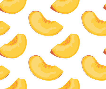 Juicy peach slices. Seamless pattern in vector. Summer fruits. Suitable for backgrounds and prints.のイラスト素材