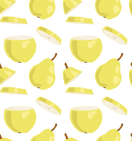 Juicy yellow pears whole and their round slices. Seamless pattern in vector. Suitable for print and background.のイラスト素材