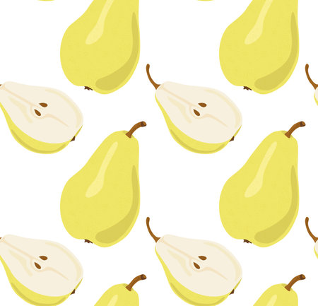 Ripe yellow pears whole and halves. Seamless pattern in vector. Suitable for print and background.のイラスト素材