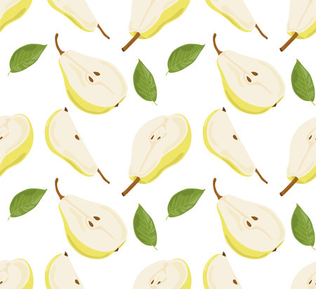 Halves of pears with leaves. Seamless pattern in vector. Suitable for print and background.のイラスト素材