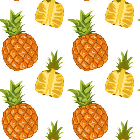 Pineapple whole and its cut half. Seamless pattern in vector. Tropical fruits. Suitable for backgrounds and printsのイラスト素材