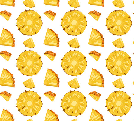 Round and triangular slices of pineapple in a peel. Seamless pattern in vector. Tropical fruits. Suitable for backgrounds and printsのイラスト素材