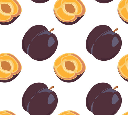 Plum whole and cut in half. Seamless pattern in vector. Suitable for backgrounds and prints.のイラスト素材