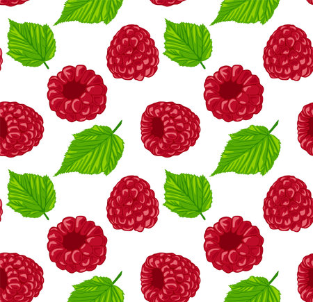 Red raspberries with green leaves. Seamless pattern in vector. Suitable for backgrounds and prints.のイラスト素材