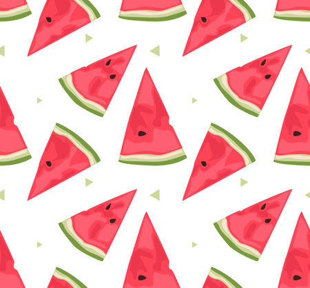 Triangular slices of watermelon and geometric shapes. Modern seamless pattern in vector. Bright colors. Juicy summer fruits. Suitable for prints and backgrounds.のイラスト素材
