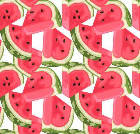 Triangular slices of watermelon with rind. Modern seamless pattern in vector. Bright colors. Juicy summer fruits. Suitable for prints and backgrounds.のイラスト素材