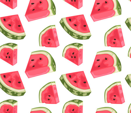 Triangular slices of watermelon. Modern seamless pattern in vector. Juicy summer fruits. Suitable for prints and backgrounds.のイラスト素材