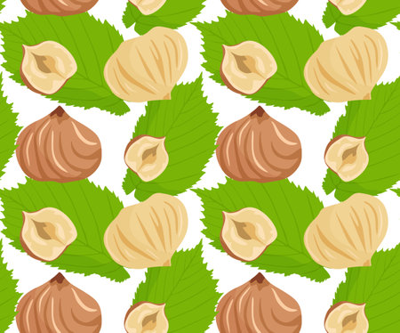 Shelled hazelnuts on a background of leaves. Seamless pattern in vector. Nuts in vector graphics. Suitable for backgrounds and prints.のイラスト素材
