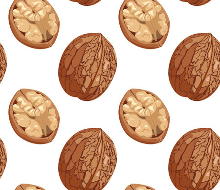 Walnuts in shell and shelled. Seamless pattern in vector. Suitable for prints and backgrounds.のイラスト素材