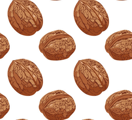 Walnuts in shell, realistic image. Seamless pattern in vector. Suitable for prints and backgrounds.のイラスト素材