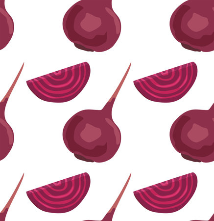 Whole beets and slices. Seamless pattern in vector. For print and background. Healthy, natural vegetables.のイラスト素材