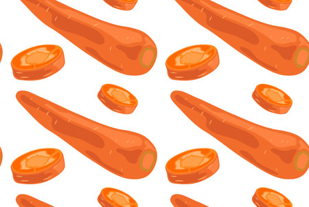 Whole orange carrots and slices. Seamless pattern in vector. Suitable for printing, prints and backgrounds.のイラスト素材