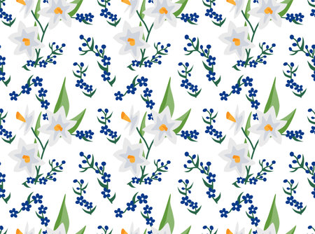 Seamless pattern with spring flowers. Blue flowers and daffodilsのイラスト素材