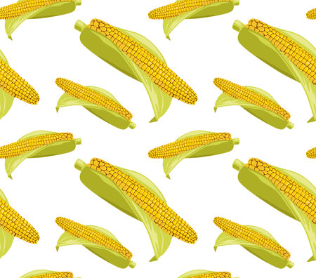 Corn with leaves. Autumn vegetables. Seamless pattern in vector. Suitable for backgrounds and prints.のイラスト素材