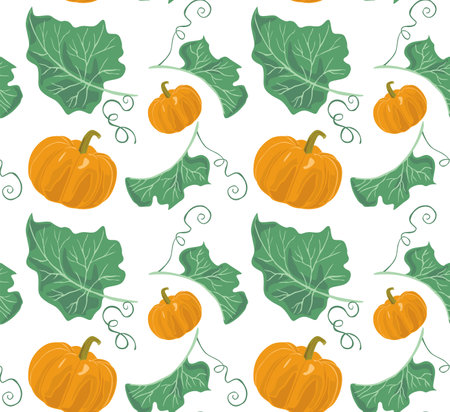 Small pumpkins on the background of large pumpkin leaves. Autumn seamless pattern in vector. Suitable for backgrounds and prints.のイラスト素材