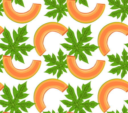 Ripe papaya slices with leaves in the background. Seamless pattern in vector. Suitable for backgrounds and prints.のイラスト素材