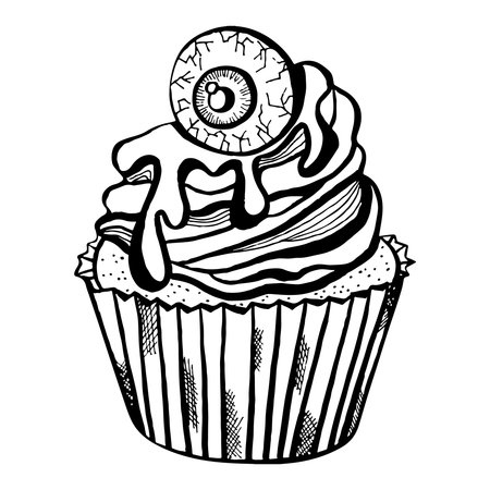 Cute Halloween Cupcake with Eyeball and Frosting. Perfect for spooky party invitations, seasonal prints, kids' Halloween designs, stickers, and festive packagingのイラスト素材